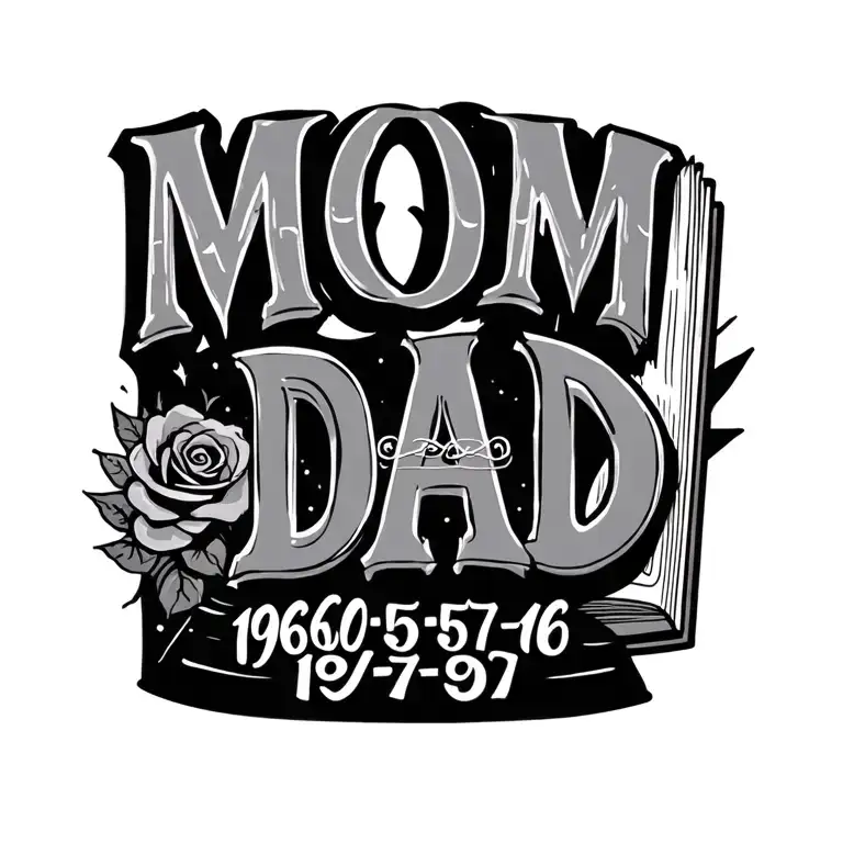 "MOM 1960-05-06 DAD 1957-05-17 " Open book tattoo design idea