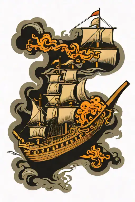 tobacco pipe and smoke rising into the shape of a ship tattoo design idea