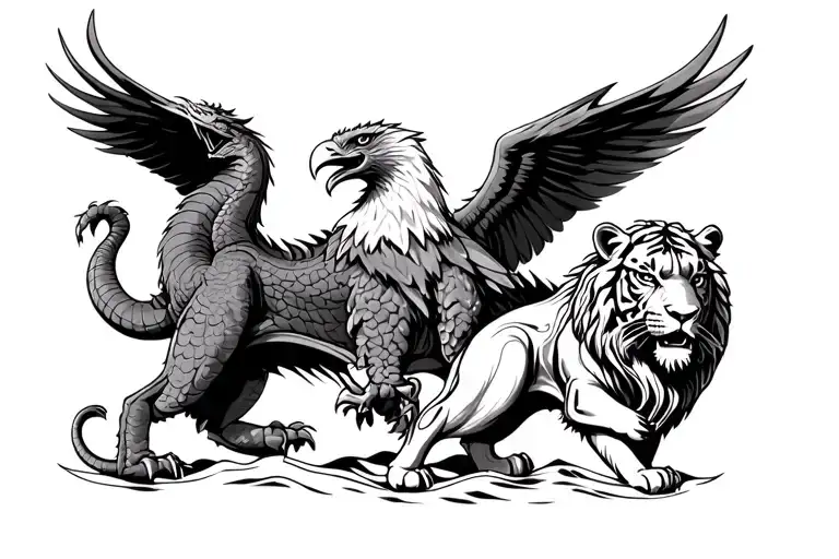 MARINER NAVIGATION DRAGON LION EAGLE SHIP AND TIGER tattoo design idea