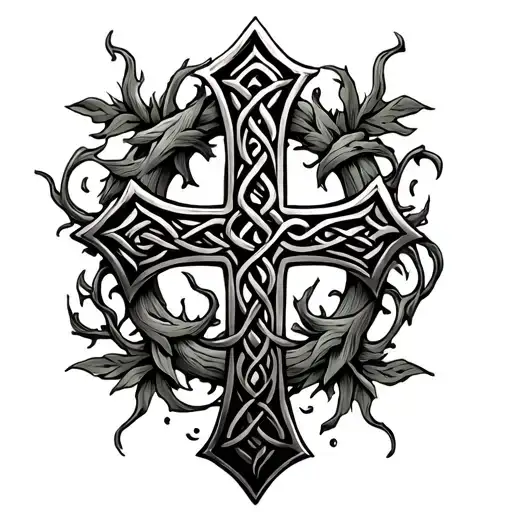 Celtic cross with vines wrapped tattoo design idea