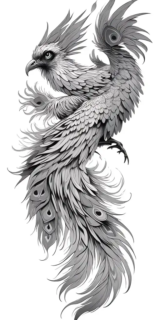  front view phoenix bird with twowings spread peacock feather tail tattoo design idea