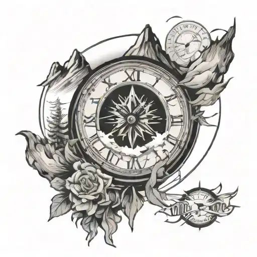 inside the circle half compass and half is mountains and a clock all in the circle. tattoo design idea