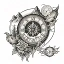 inside the circle half compass and half is mountains and a clock all in the circle. tattoo design idea