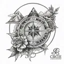 inside the circle half compass and half is mountains and a clock all in the circle. tattoo design idea