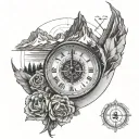inside the circle half compass and half is mountains and a clock all in the circle. tattoo design idea