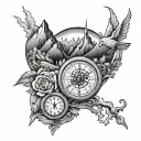 inside the circle half compass and half is mountains and a clock all in the circle. tattoo design idea