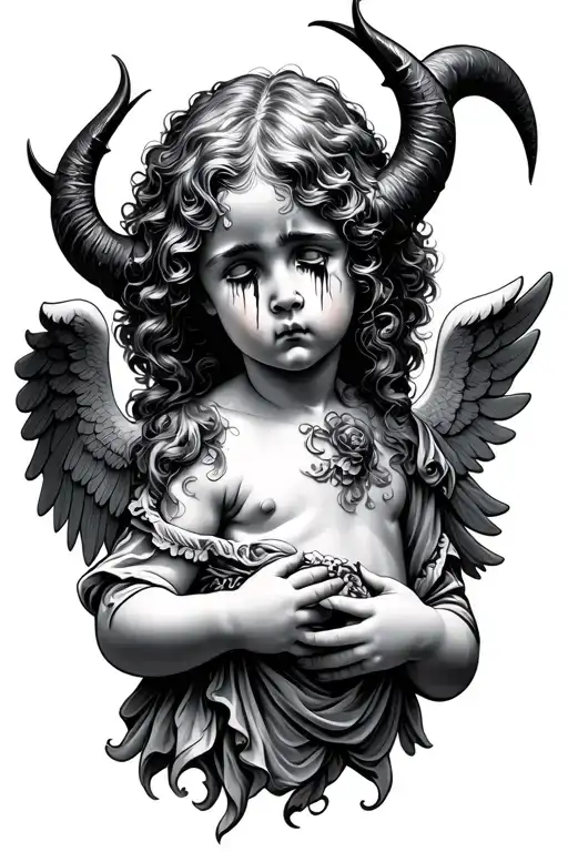 cherub angel crying with devil horns tattoo design idea