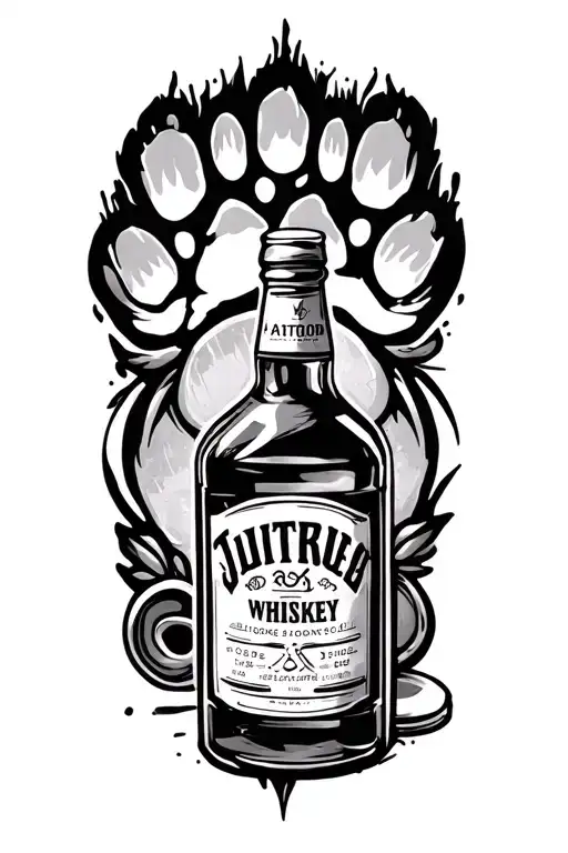 a table with a whiskey bottle and a pawprint infinity tattoo design idea