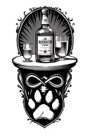 a table with a whiskey bottle and a pawprint infinity tattoo design idea