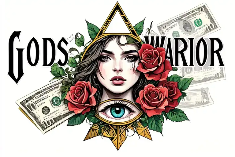 "Gods Warrior" beautiful female face with roses and a Illuminati eye and money tattoo design idea