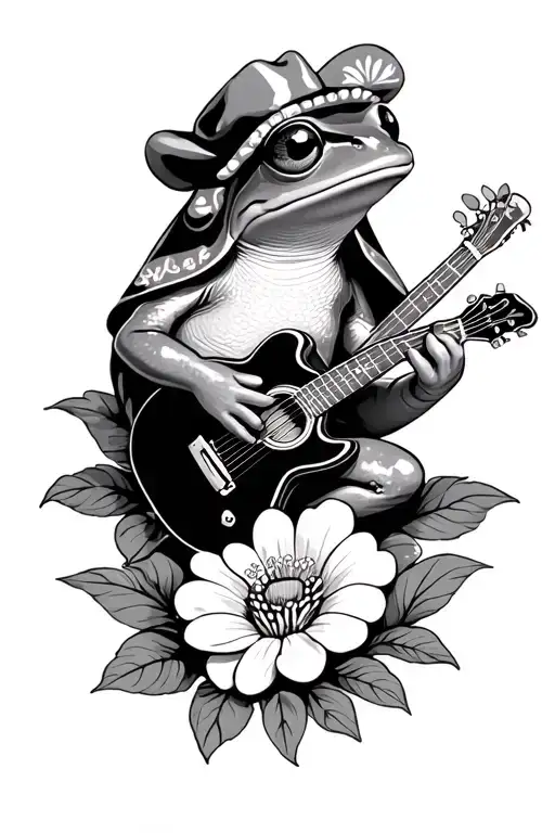coqui frog with a Puerto Rican cape playing guitar while laying on a flower tattoo design idea
