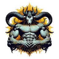 Gay male horned satyr with massive bodybuilder muscles. Background of natural tree roots, vines and patterns tattoo design idea