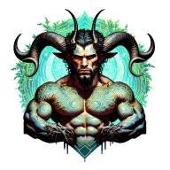 Gay male horned satyr with massive bodybuilder muscles. Background of natural tree roots, vines and patterns tattoo design idea