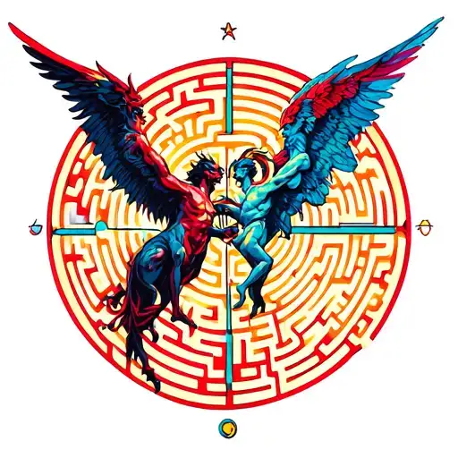  Two large, colorful circle mazes—one with symbols of values (good side), symbols of vices (bad side). demon and angel  tattoo design idea