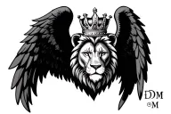 heart of a lion head wearing a crown inside wings,  initials B D M,  tattoo design idea