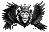 heart of a lion head wearing a crown inside wings,  initials B D M,  tattoo design idea