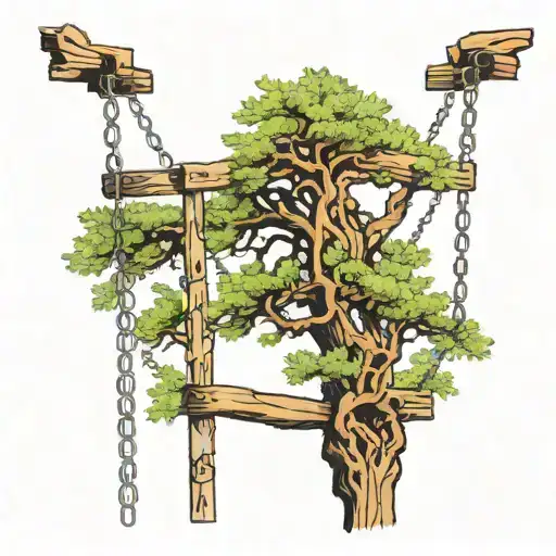 3 redwood tree branches & ladder leading w/ interlocking chain tattoo design idea