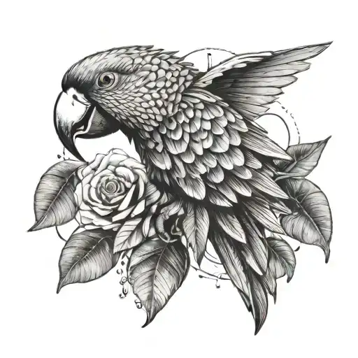 A creative composition of a parrot holding a money bag in its beak, surrounded by swirling financial charts and plant leaves, reflecting the client's diverse interests in trading and nature tattoo design idea