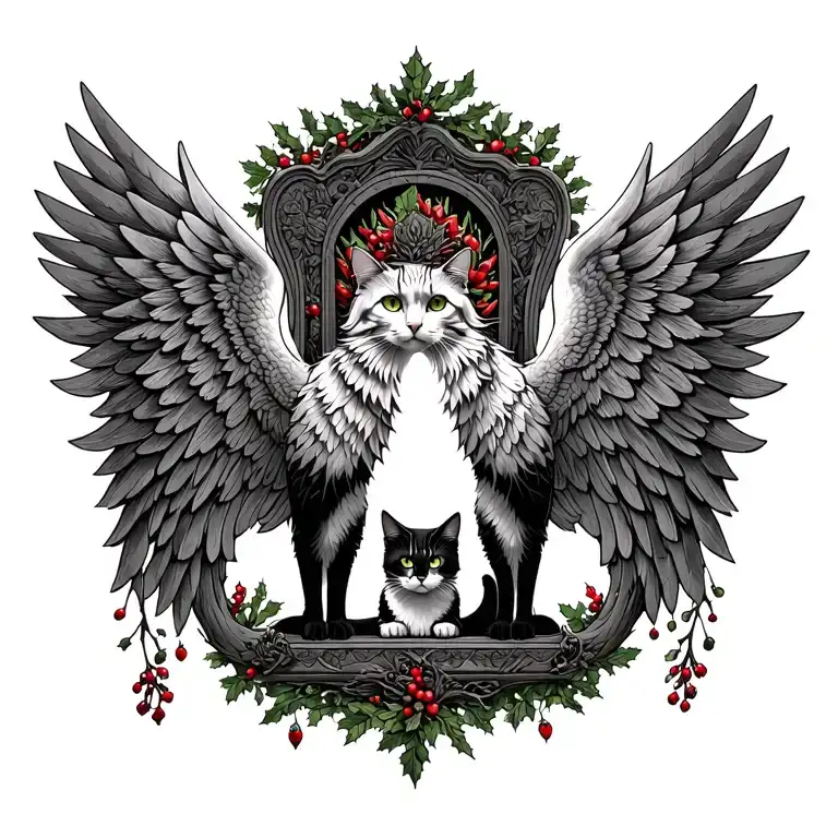 oak, mistletoe, cats, throne, Phoenix wings spread tattoo design idea