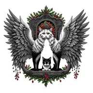 oak, mistletoe, cats, throne, Phoenix wings spread tattoo design idea
