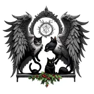 oak, mistletoe, cats, throne, Phoenix wings spread tattoo design idea