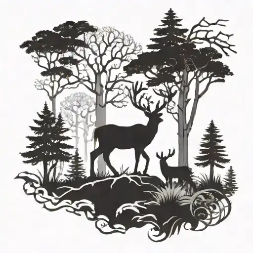 A mystical forest scene with hidden deer silhouettes tattoo design idea