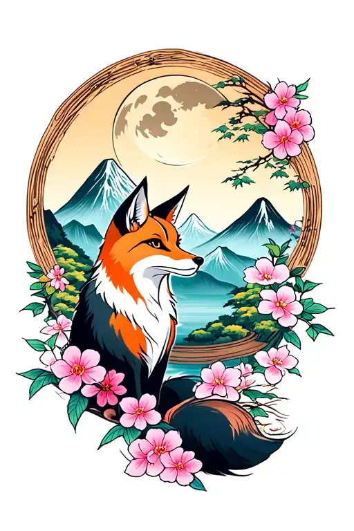 japanese style tattoo  with fox japanese traditionnal arch moon moutain et forest and sakura flower tattoo design idea