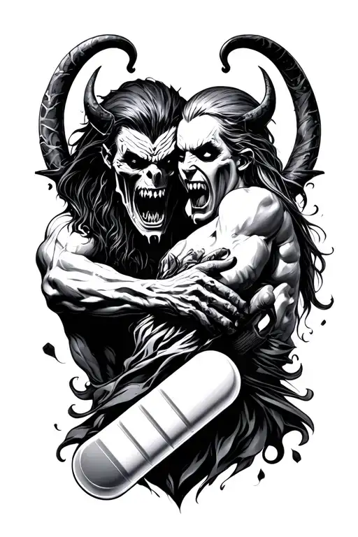 take your meds good and evil fighting tattoo design idea
