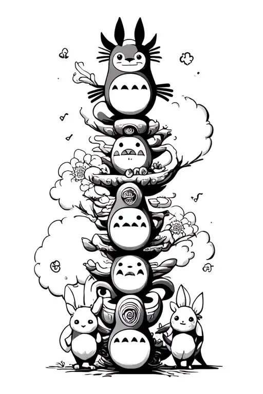 studio Ghibli inspired totem intertwined with Haku, totoro, Kiki and Jij, ponyo, no face, Calcifer, soot sprites tattoo design idea