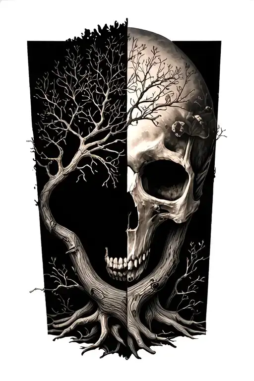 "Memento Mori" life tree half live half die tattoo design idea