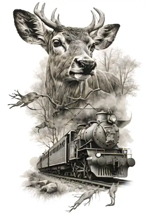 train and deer standing tattoo design idea