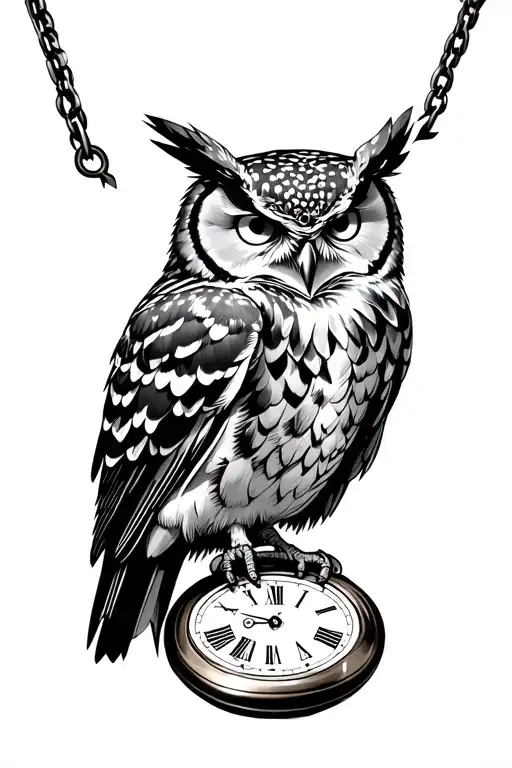 Steampunk Great Horned Owl perched on a pocket watch. tattoo design idea