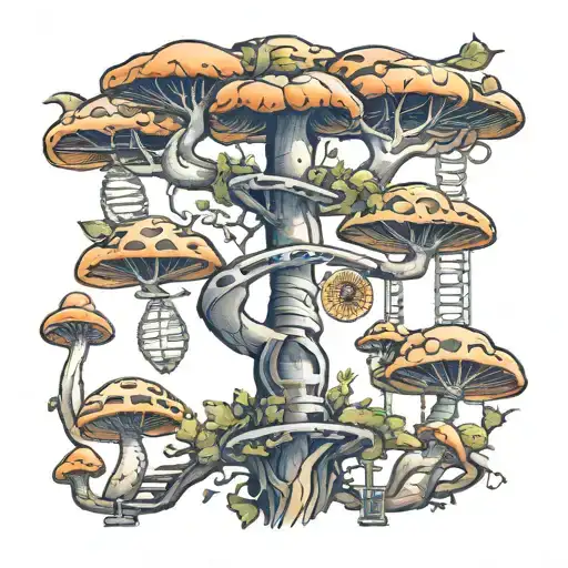 dna double helix mushrooms and a tree growing   tattoo design idea