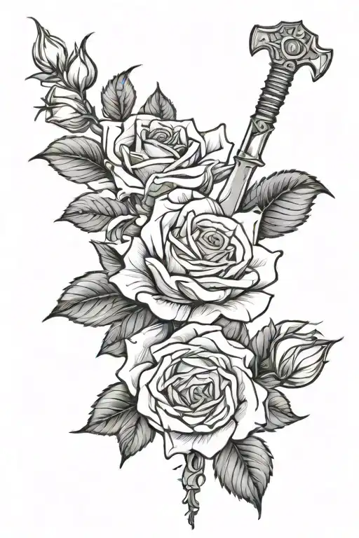 half sleeve of a rose bush with tags around each rose and a knife down the middle tattoo design idea