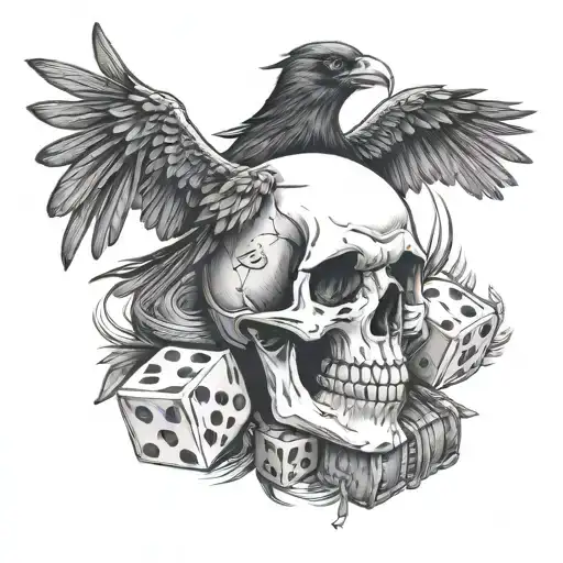 skull, raven perched, whisky, dice, sobriety  tattoo design idea