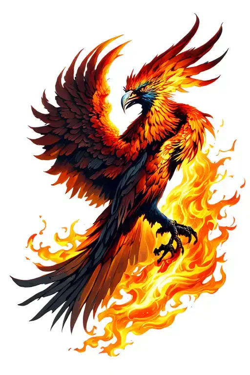 angry phoenix rising from the flames left arm sleeve tattoo design idea