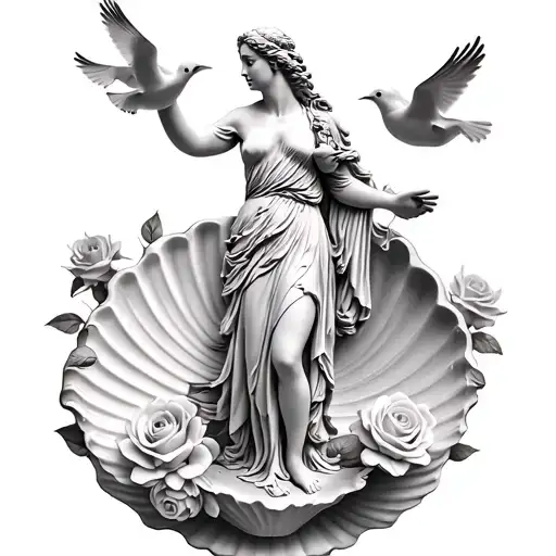 Statue of Greek goddess Aphrodite coming out of seashell surrounded by roses and doves tattoo design idea