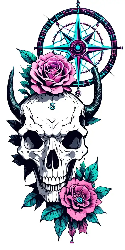 Metal, Southwest, Cactus, Dead Roses, Compass, Dreamcatcher, Cybernetic Snake, Longhorn skull tattoo design idea