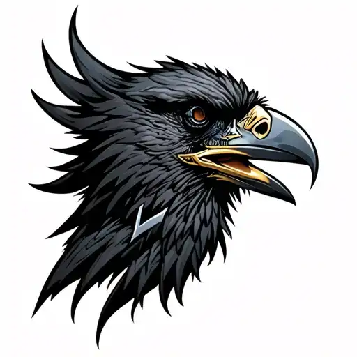 profile of a black crow head with metal  tattoo design idea