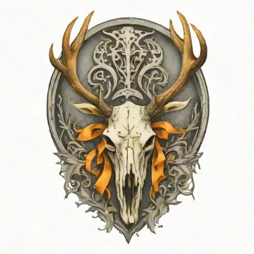 bull elk skull with antlers, tattered orange ribbon wrapped around antlers tattoo design idea