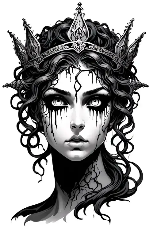 Cracked Medusa bust with blind white eyes black tears eyeliner and lashes and lines emitting from her head like a crown  tattoo design idea