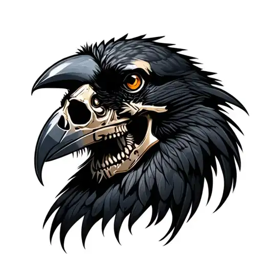 profile of a black crow head with metal skull tattoo design idea