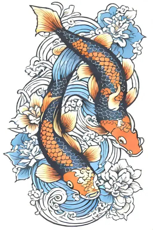 koi fish ying yang flower blooming tattoo design idea