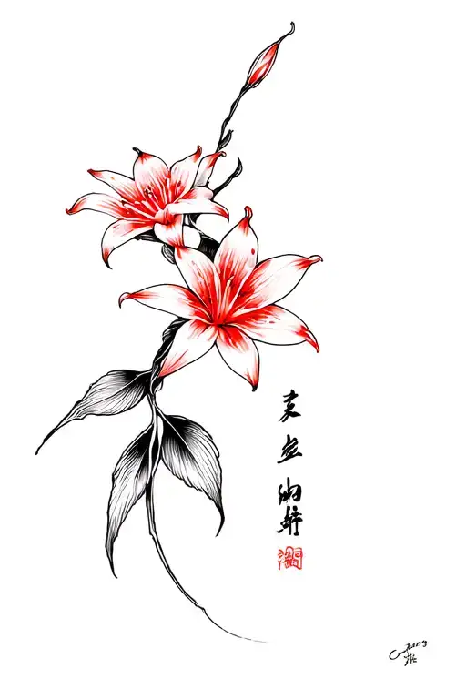 Red ink spider lily flower with black ink outline but red ink on the details of the koi fish swimming upward tattoo tattoo design idea