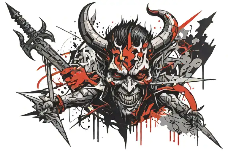 devil with swords, adventure, parents and trading symbols tattoo design idea