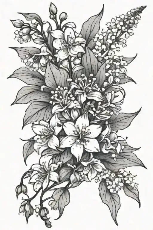 spine tattoo of lily of the valley flowers, hawthorn flowers, carnation flowers, snowdrop flowers, honeysuckle flowers,  tattoo design idea