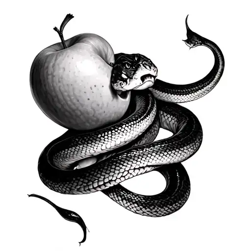 woman eating apple with snake wrapped tattoo design idea