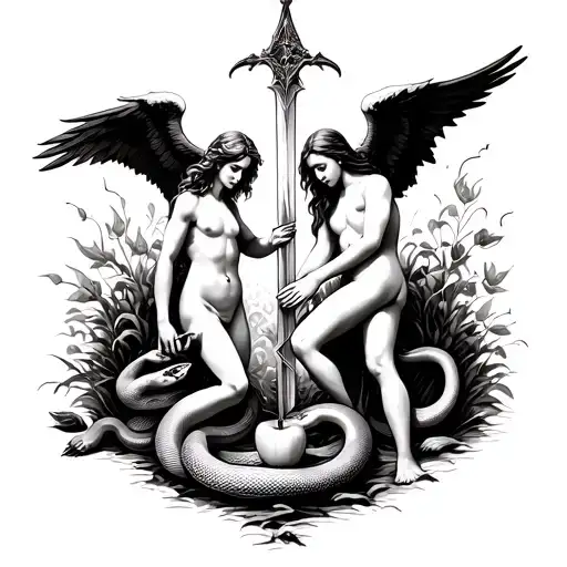 Adam and Eve casted out of garden of Eden from angel and fiery sword with snake and apple on the ground tattoo design idea