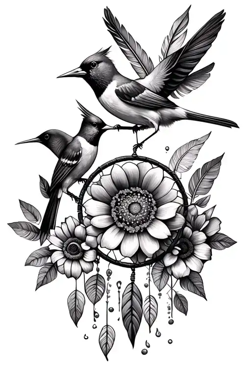 marigolds flowers, cardinals birds, hummingbirds, dreamcatchers , feathers and flowers  tattoo design idea