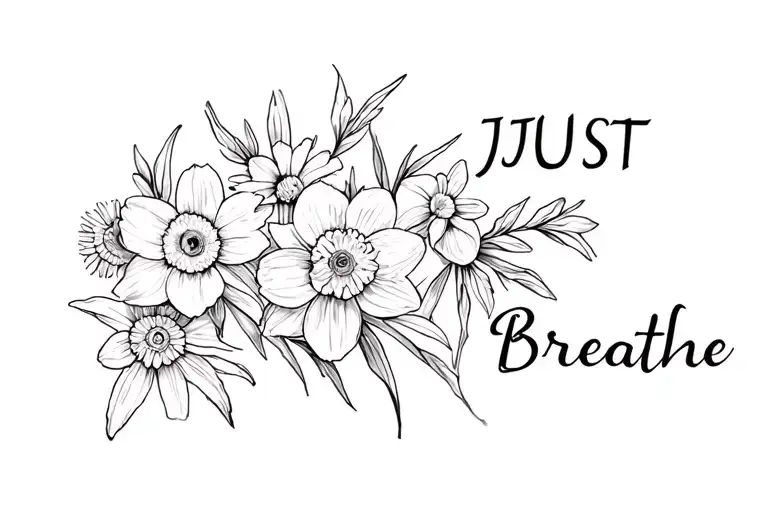 "Just Breathe" flowers: Daffodils asters carnation tattoo design idea